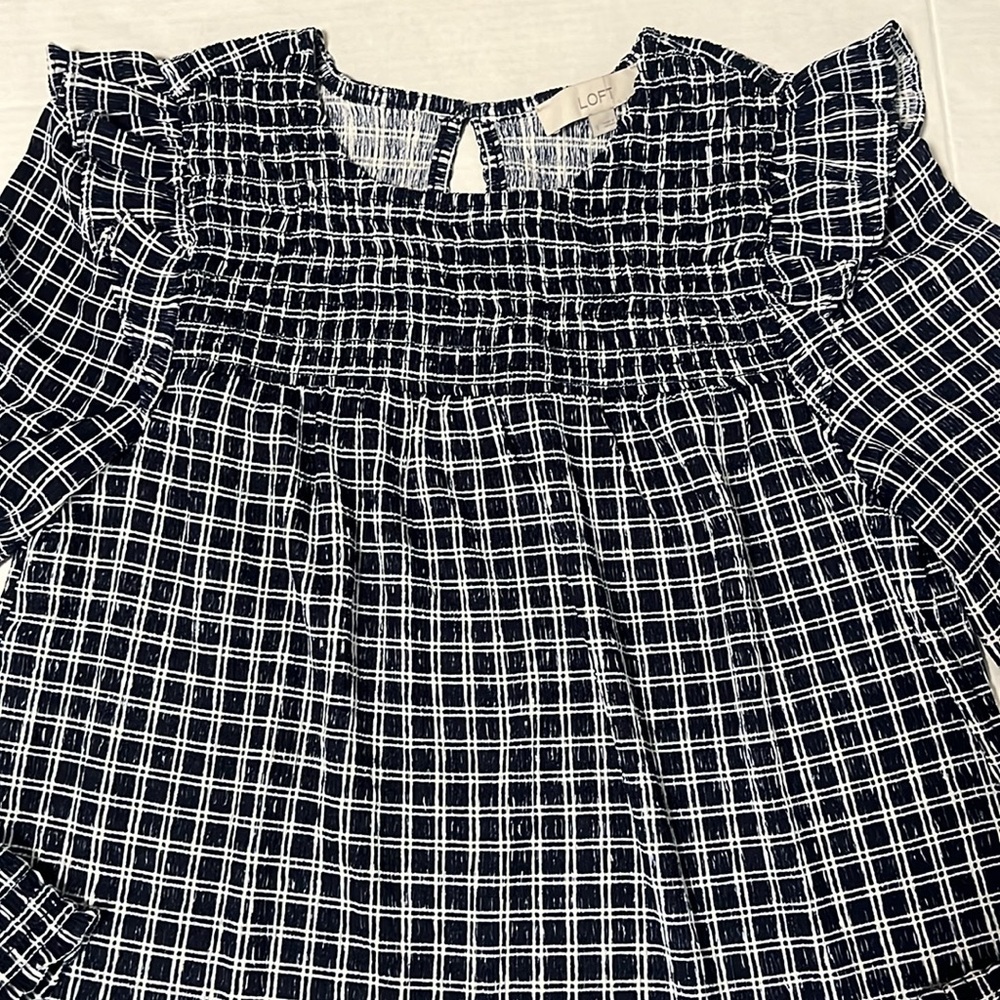 LOFT Navy Blue and White Ruched Top Ruffle Blouse - Picture 2 of 3